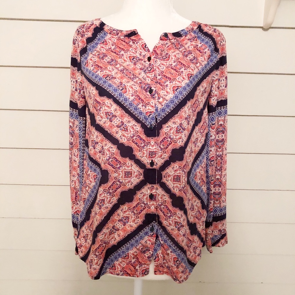Lucky Brand Boho Print Long Sleeve Button Top